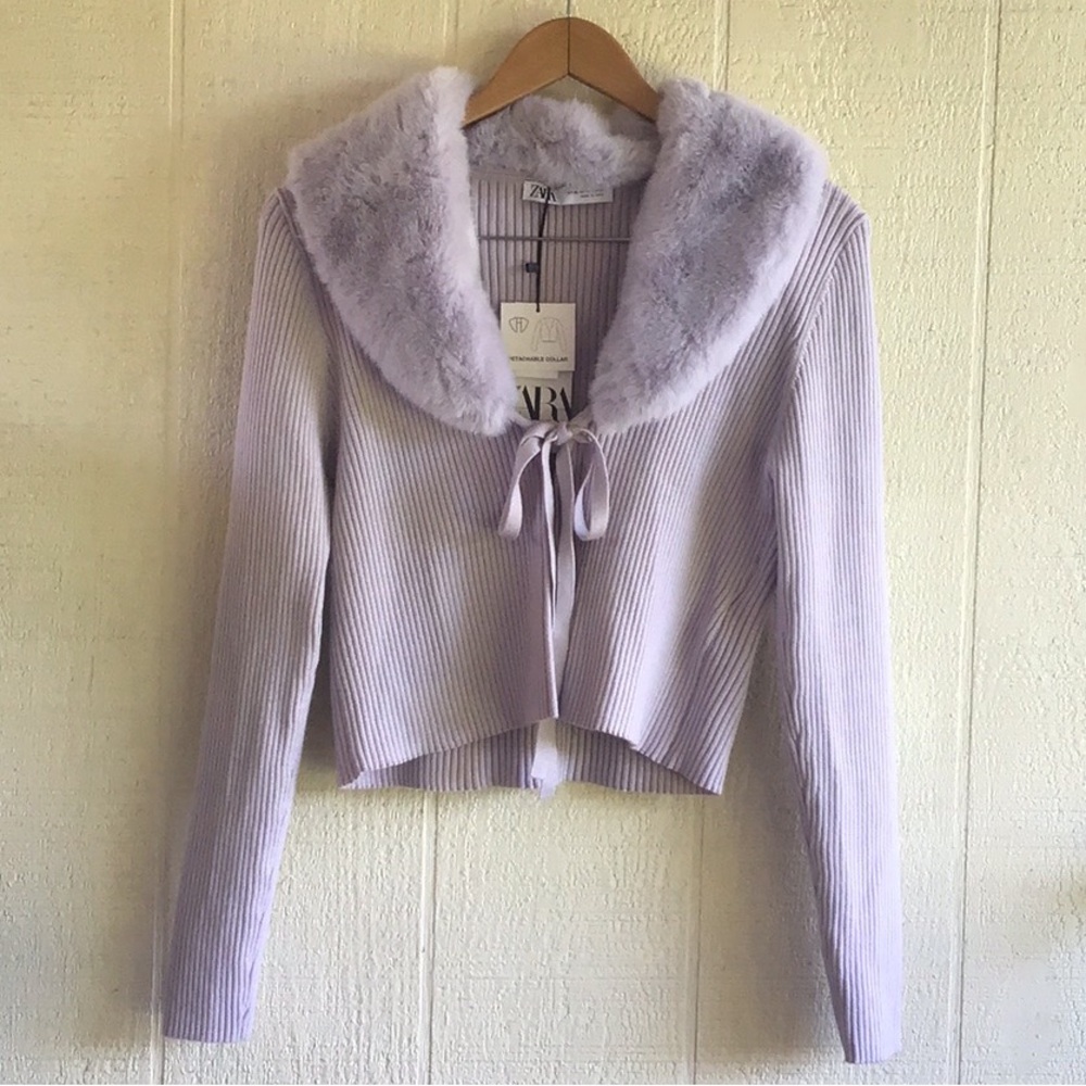 Zara purple Lavender Faux Fur Collar ribbed cropped Cardigan
